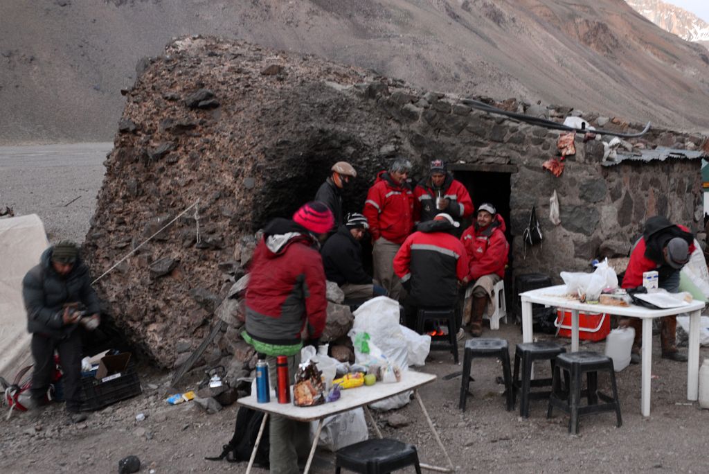 20 Setting Up Breakfast In Cold -8C Weather Next To The Muleteers At Casa de Piedra Before Trekking To Aconcagua Plaza Argentina Base Camp